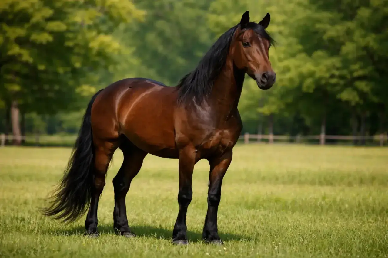 Piękny koń o umaszczeniu gniady, z ciemną grzywą i ogonem, stoi na zielonej łące.