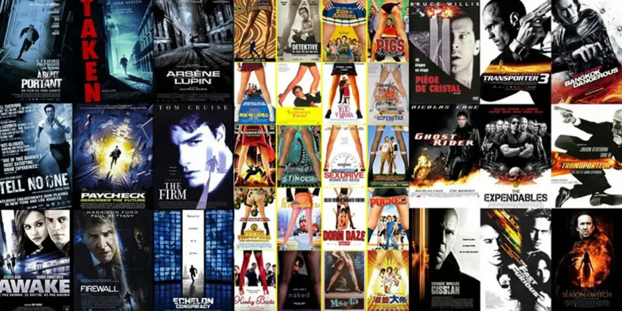 kolaż plakatów filmów opartych na faktach z różnych gatunków