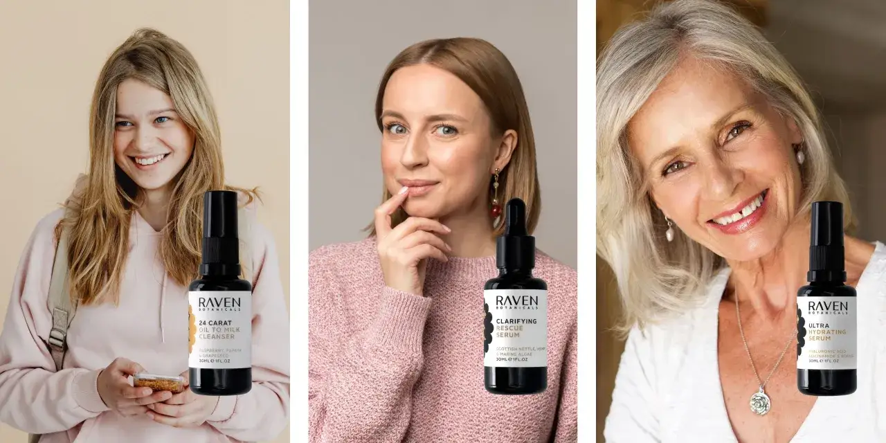 Uśmiechnięte kobiety w r&oacute;żnym wieku, bez makijażu, prezentują kosmetyki Raven Botanicals.