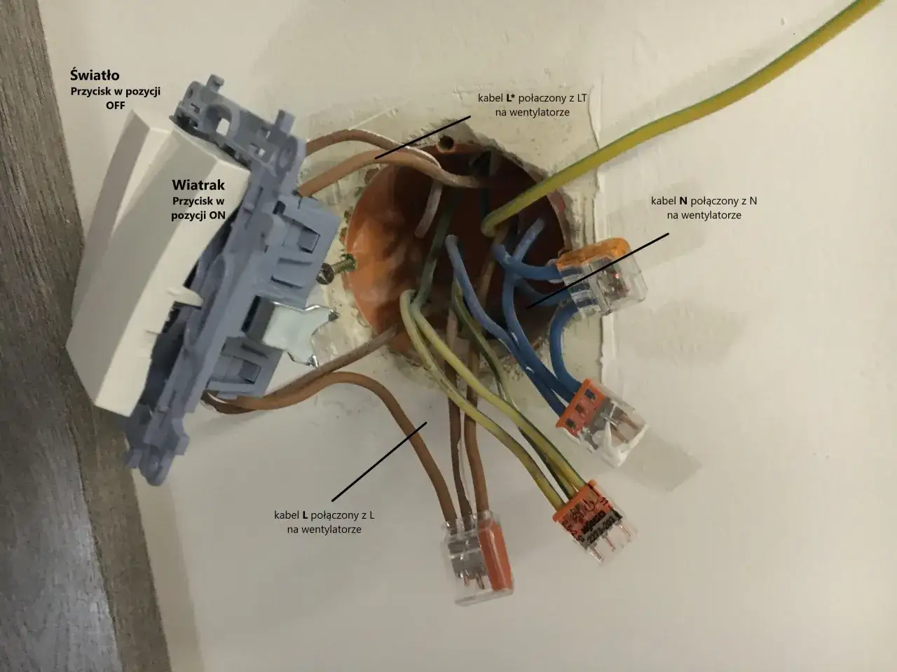 Schemat podłączenia wentylatora łazienkowego do włącznika światła