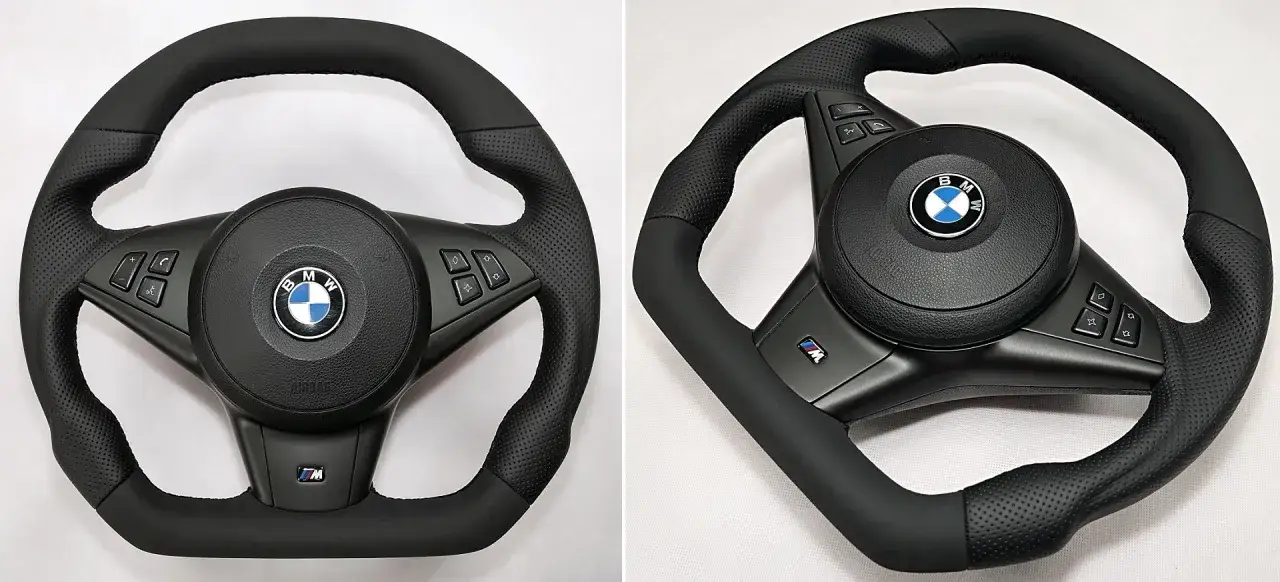 Nowe obszywanie kierownicy BMW E60 z perforowanej skóry.