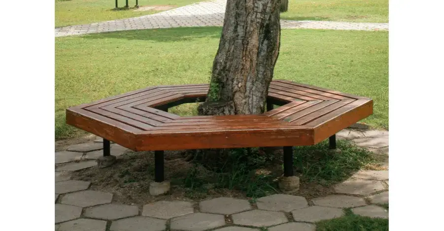 r&oacute;żne kształty stoł&oacute;w wok&oacute;ł drzewa