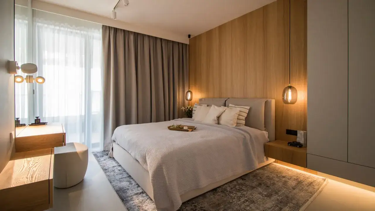 Nowoczesne aranżacje ściany w sypialni z drewnianą okładziną, wiszącymi lampami i wygodnym ł&oacute;żkiem.