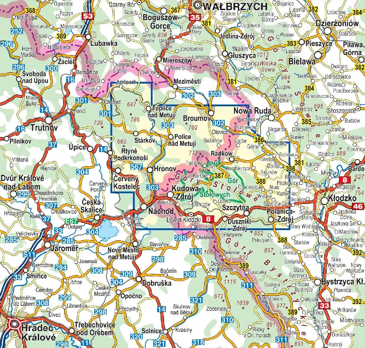 mapa góry stołowe miejscowości noclegowe