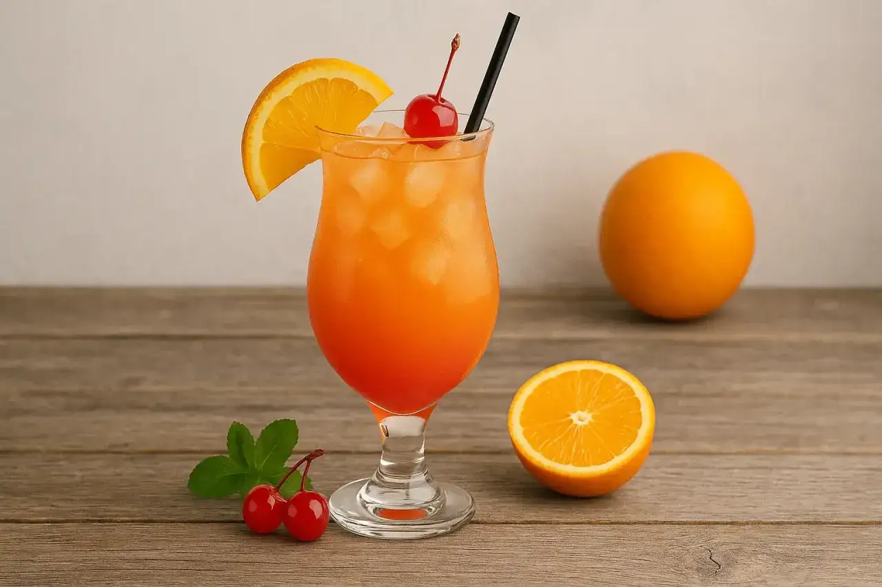 Orzeźwiający drink Sex on the Beach przepis: drink z lodem, plasterkiem pomarańczy i wisienką. Obok pomarańcze i wiśnie.