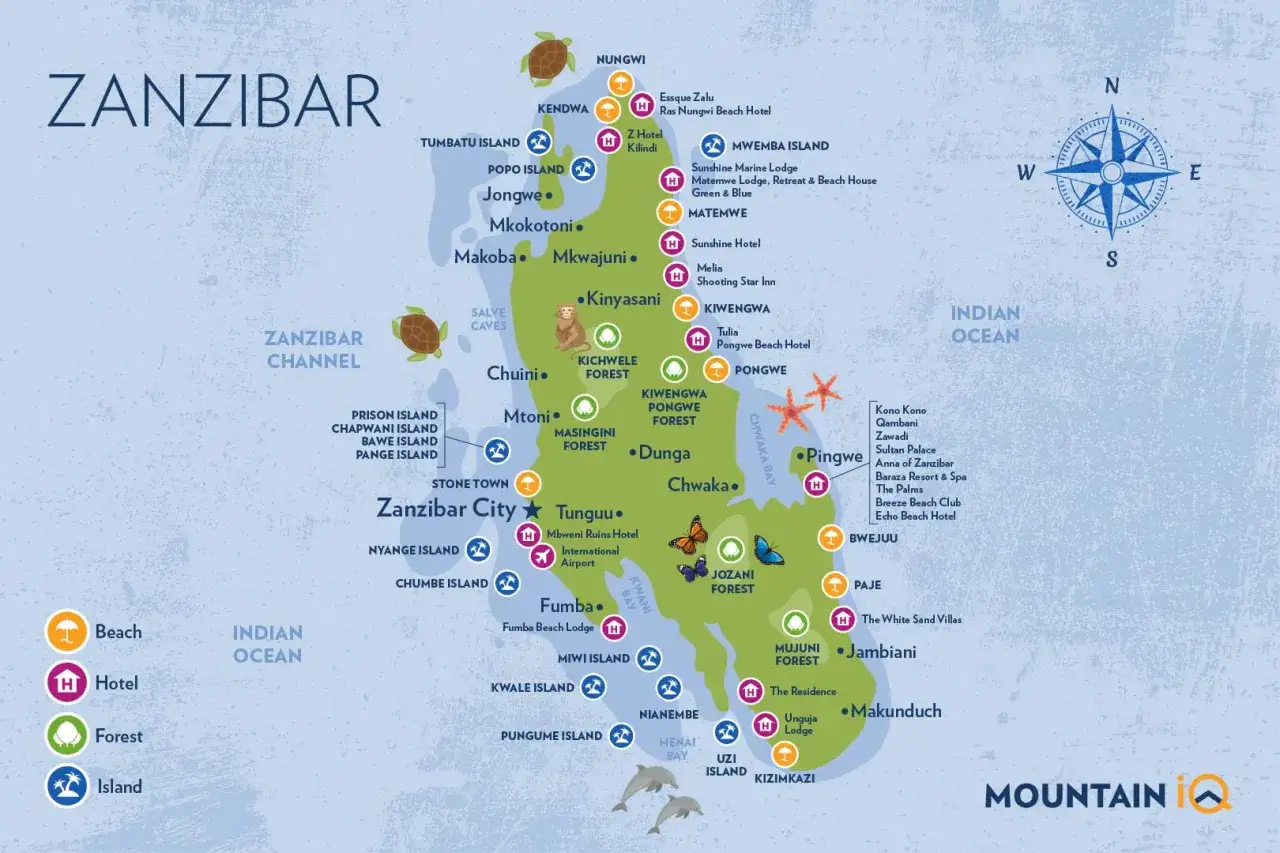 Mapa Zanzibaru z zaznaczonymi plażami, hotelami, lasami i wyspami. Wiele miejsc idealnych na zanzibar nurkowanie, np. wyspy Chumbe i Miwi.