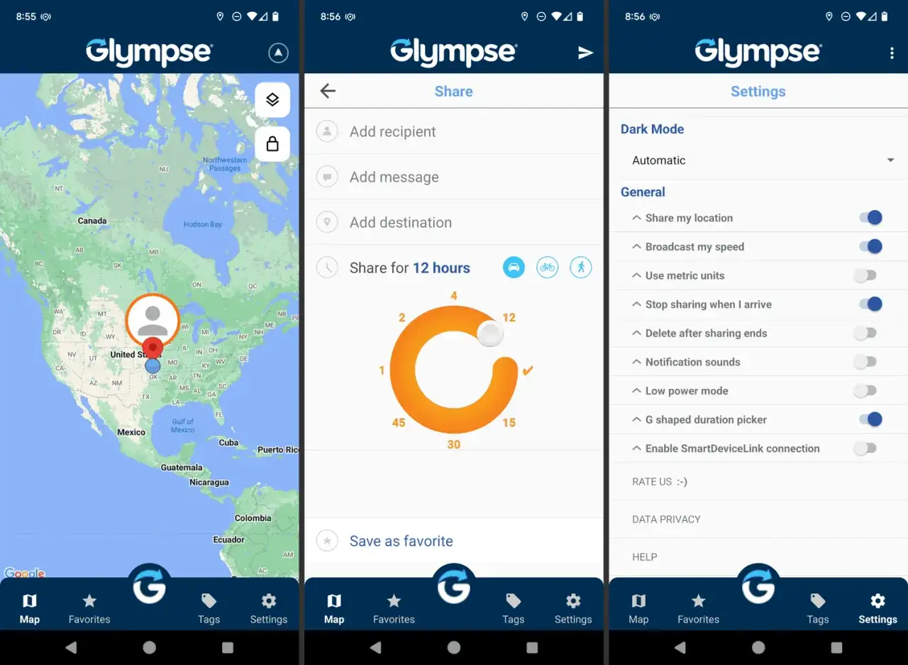 Jak wysłać lokalizację? Aplikacja Glympse pokazuje mapę z Twoją pozycją i opcje udostępniania.
