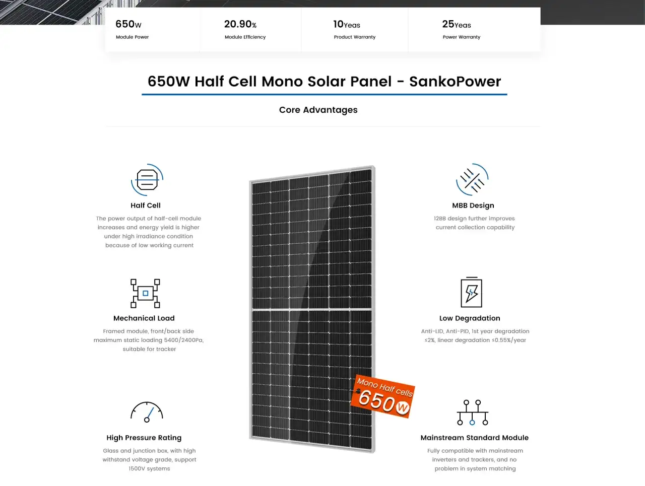 Panel fotowoltaiczny SankoPower 650W Half Cell Mono. Kluczowe parametry paneli fotowoltaicznych: moc 650W, sprawność 20,90%, gwarancja 25 lat.