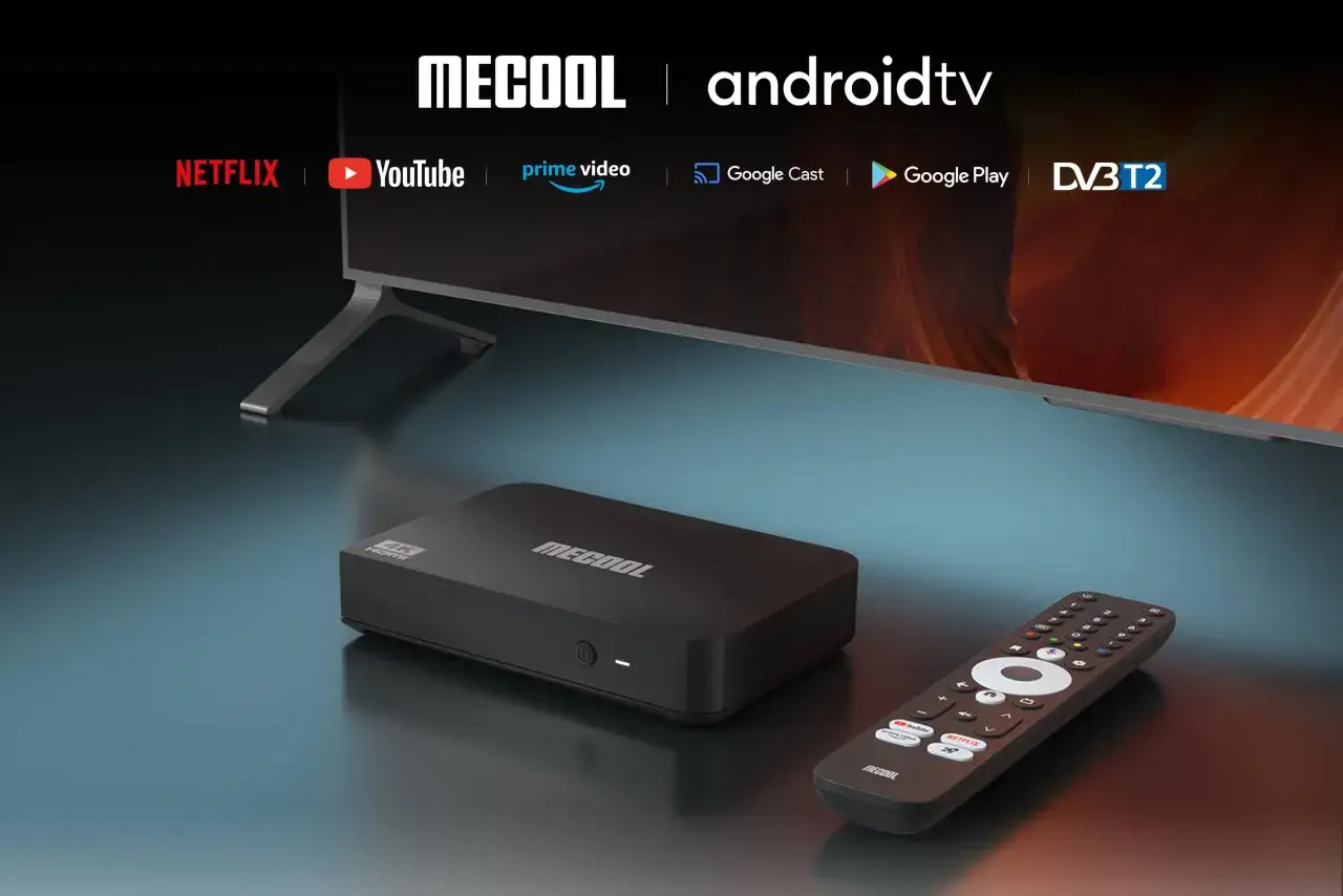 MECOOL Android TV box z pilotem, obsługujący HEVC, Netflix, YouTube i inne aplikacje.