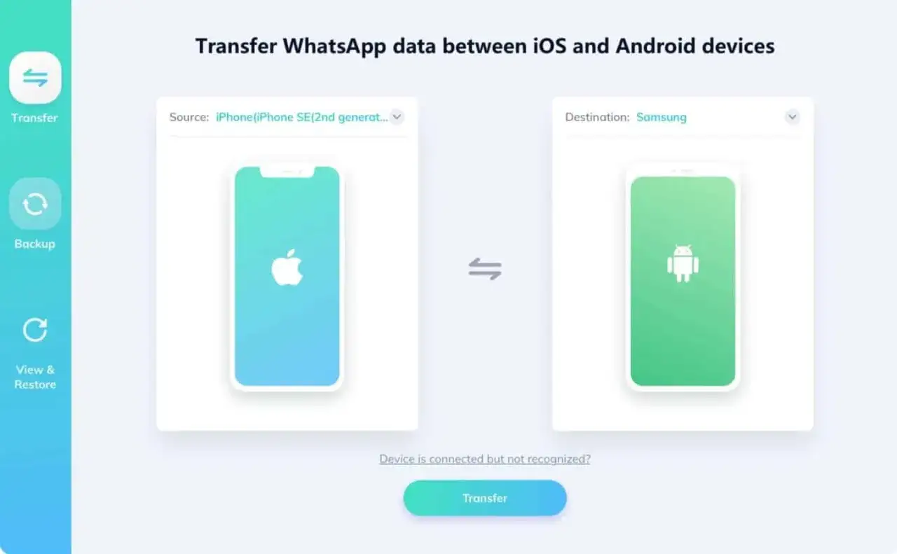 Jak przenieść czaty WhatsApp z Androida na iPhone. Ekran pokazuje transfer danych WhatsApp między iPhonem a Samsungiem.