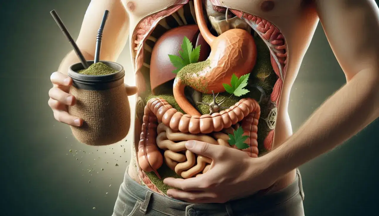 Wnętrze człowieka z trawą yerba mate, sugerujące negatywne właściwości yerba mate dla układu pokarmowego.