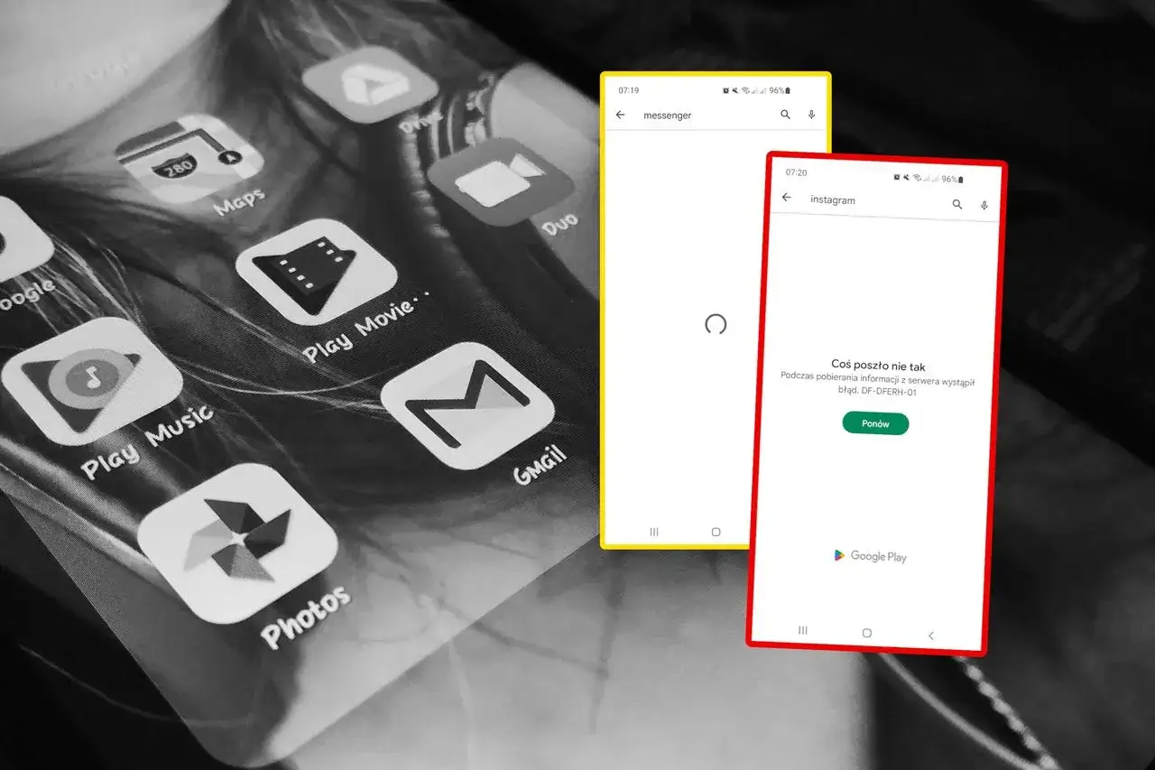 Ekran telefonu z ikonami aplikacji i komunikatem błędu w Google Play, który może utrudnić aktualizację.