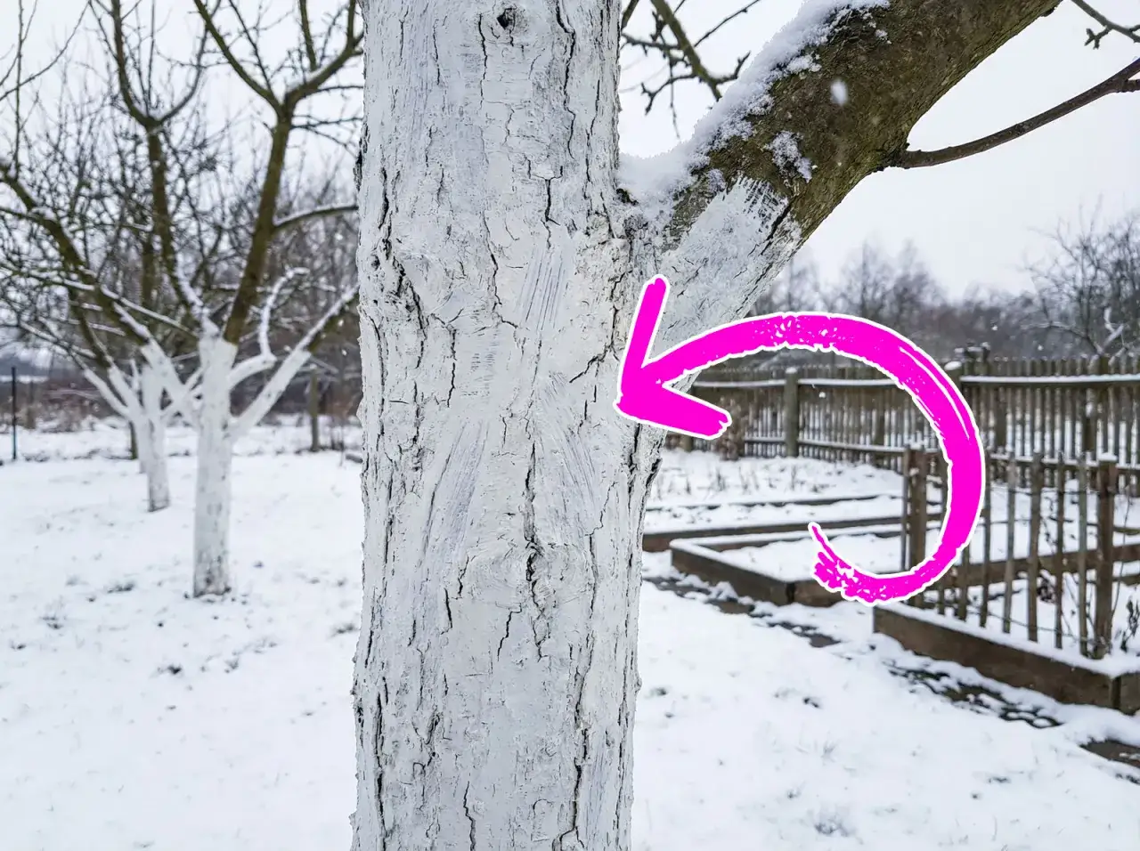 Bielone pnie drzew owocowych i krzewów w ogrodzie zimą. Różowa strzałka wskazuje na pień drzewa.