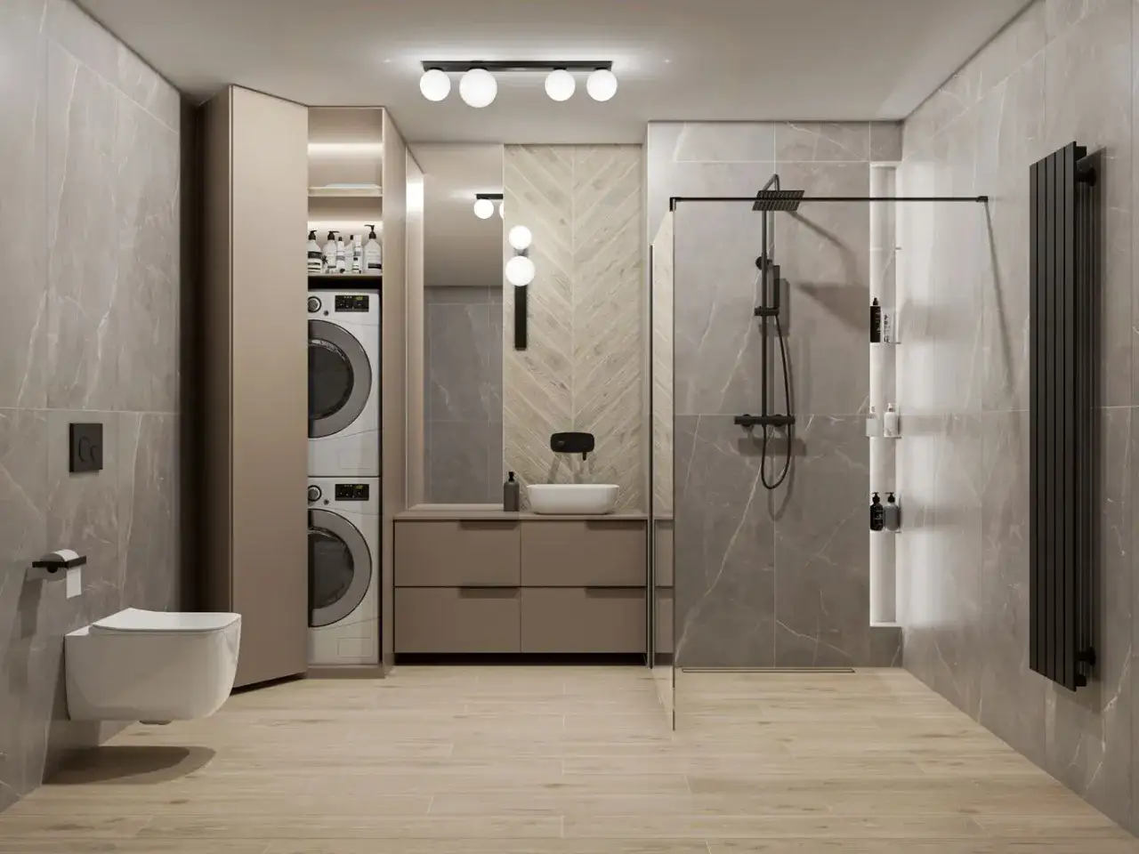 Nowoczesna łazienka z szarymi płytkami. Jaki kolor fugi do szarych płytek? Jasna fuga podkreśla elegancję, a ciemna dodaje kontrastu.