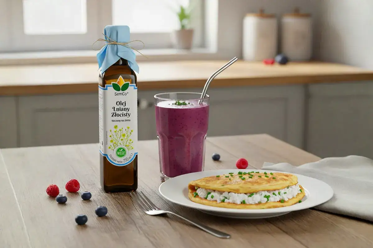 Olej lniany na co pomaga? Butelka oleju lnianego, smoothie i omlet z serem. Zdrowy początek dnia.