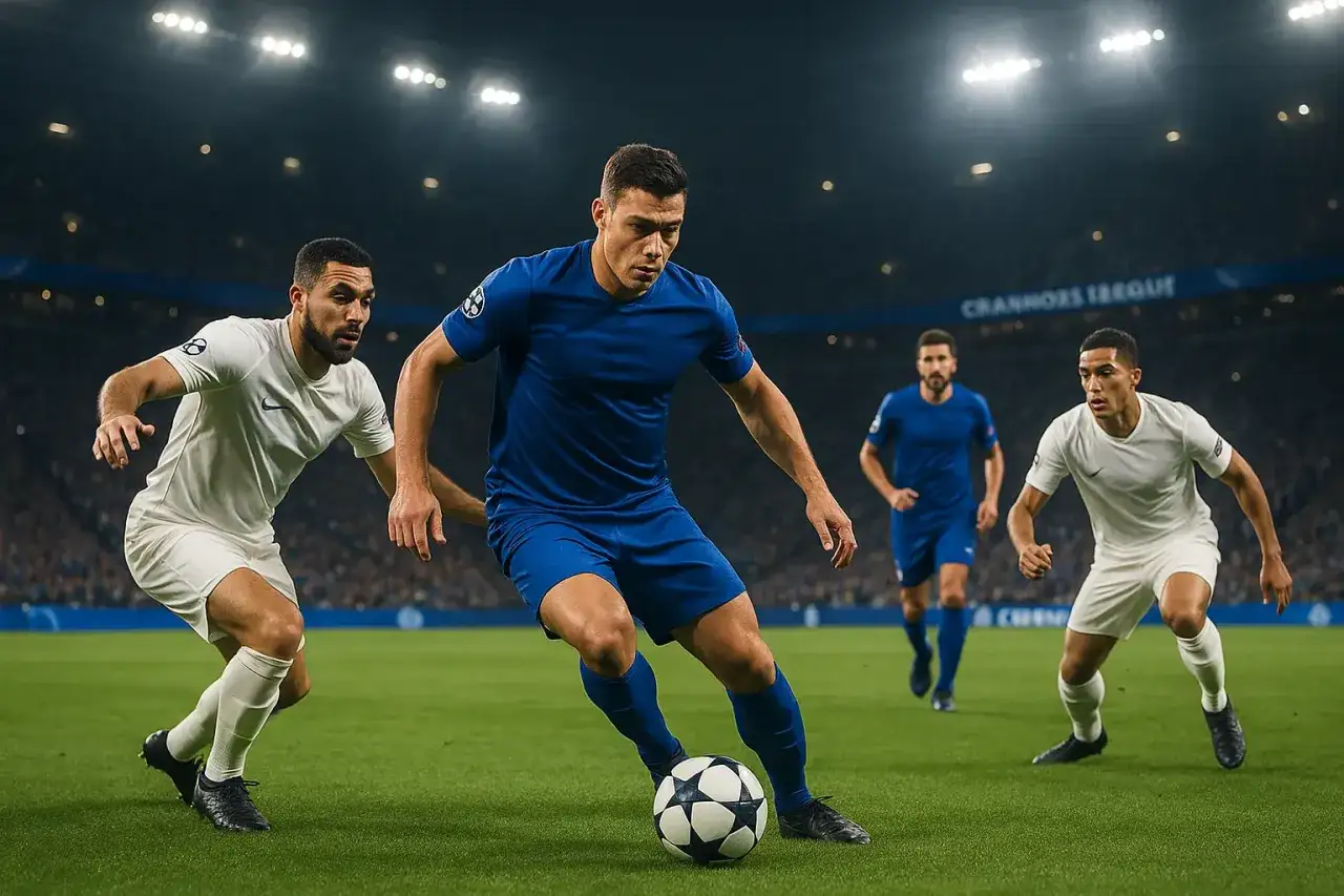 Piłkarze w niebieskich i białych strojach walczą o piłkę na murawie. Widać ich skupienie, gdy szykują się do kolejnego zagrania. To właśnie tak wygląda rywalizacja, gdy **kto gra w Lidze Mistrzów**.