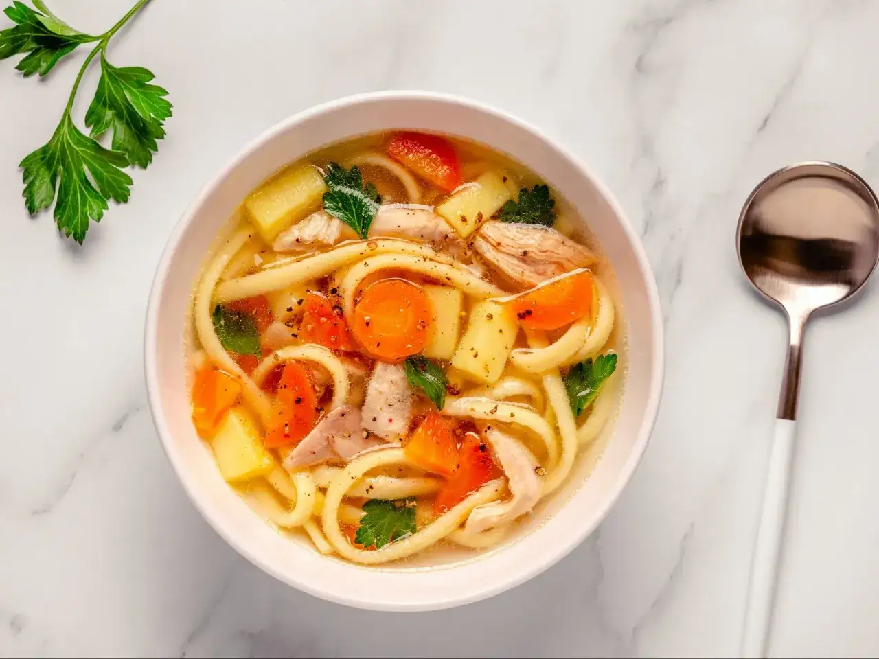 Rozgrzewająca zupa z kurczakiem, makaronem, ziemniakami i marchewką – idealne danie, co można zjeść na obiad.
