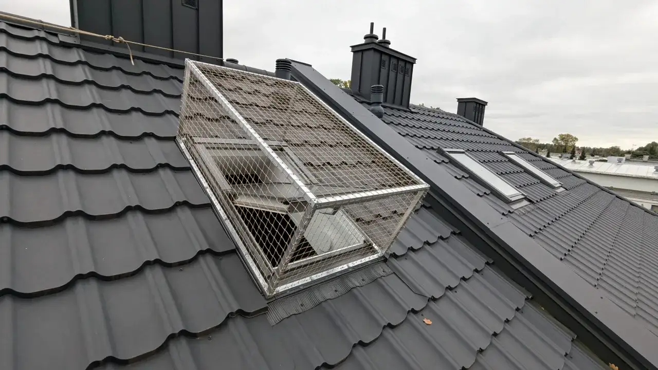 Metalowa klatka zabezpiecza okno dachowe, pokazując, jak zabezpieczyć okno dachowe przed kotem. Na czarnym dachu widać też kominy i inne okna.