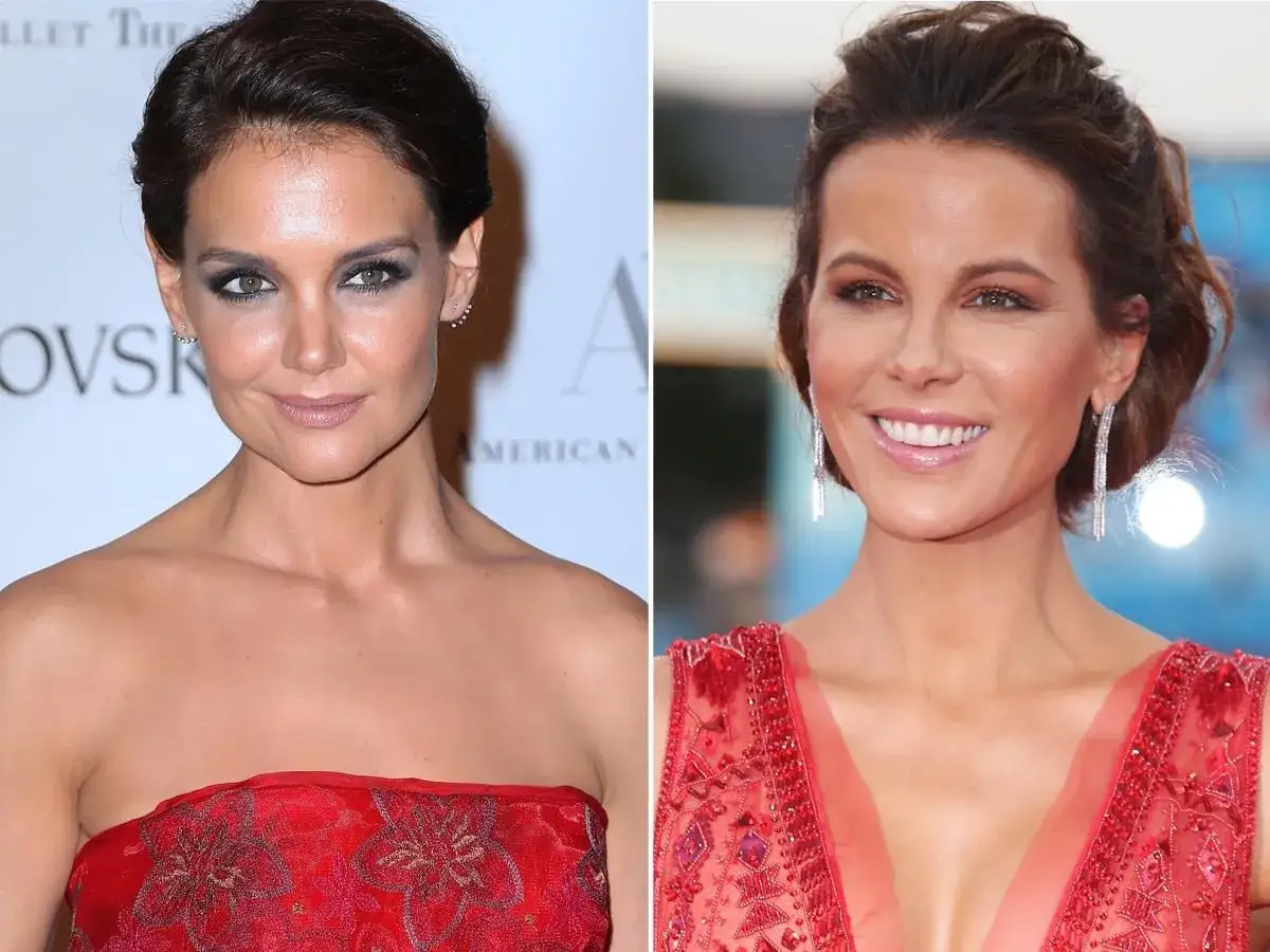 Katie Holmes i Kate Beckinsale w czerwonych kreacjach. Katie ma mocny makijaż oczu, a Kate delikatny. Jaki makijaż do czerwonej sukienki?