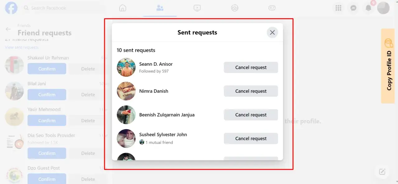 Jak zobaczyć wysłane zaproszenia na Facebooku? Na ekranie widać listę 10 wysłanych próśb o dodanie do znajomych, z opcją ich anulowania.