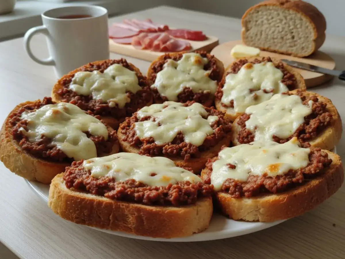 Pyszne grzanki z piekarnika z mięsem mielonym i serem. Idealne na szybką przekąskę lub śniadanie.