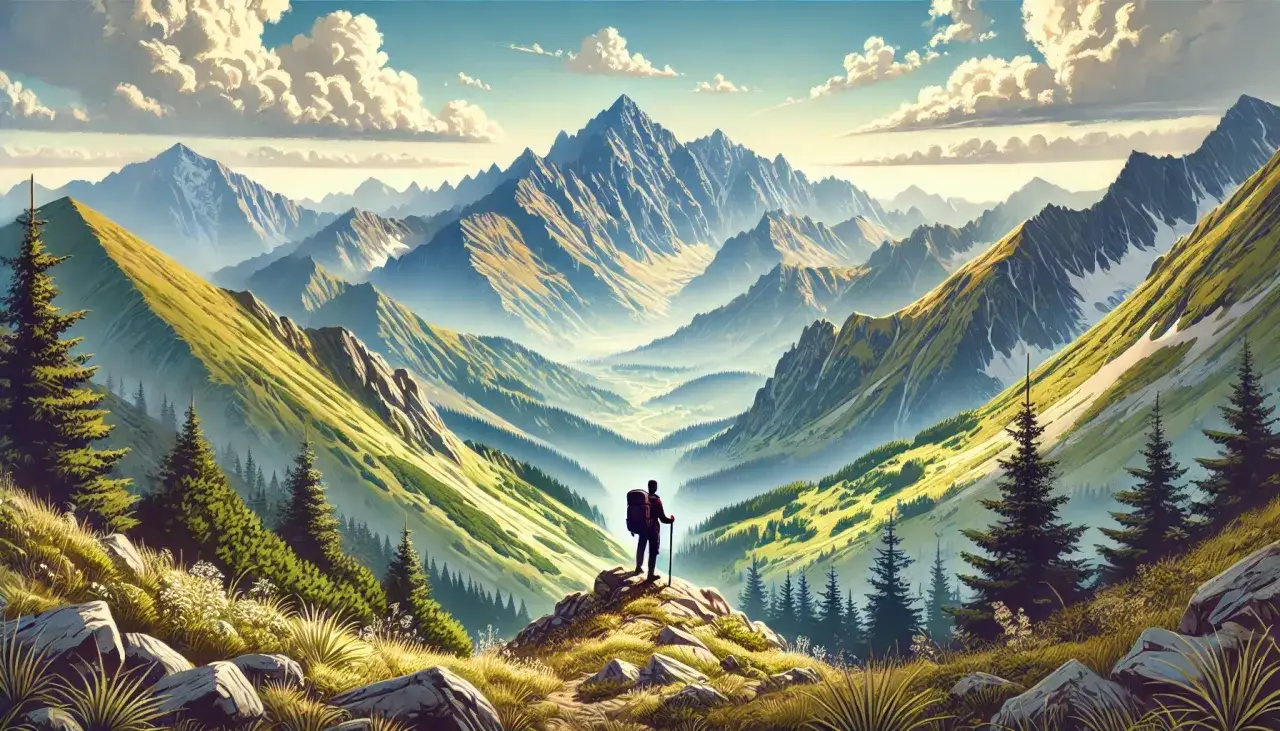 Wędrowiec na szczycie podziwia majestatyczne góry. Pamiętaj o ubezpieczeniu w górach, by cieszyć się pięknem natury bez obaw.