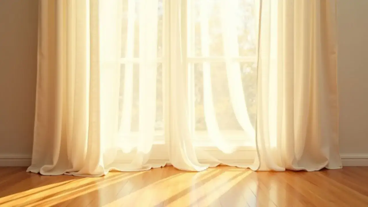 Jasne, zwiewne firany w salonie delikatnie falują, wpuszczając ciepłe, słoneczne światło na drewnianą podłogę.