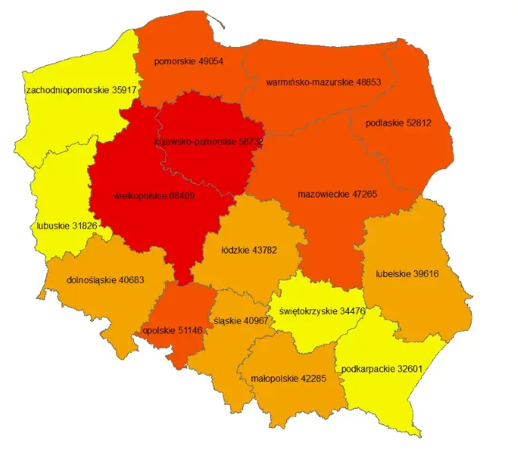 Mapa cen ziemi rolnej w Polsce wojew&oacute;dztwa
