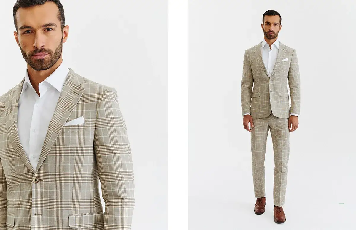 Mężczyzna w jasnym garniturze na komunii