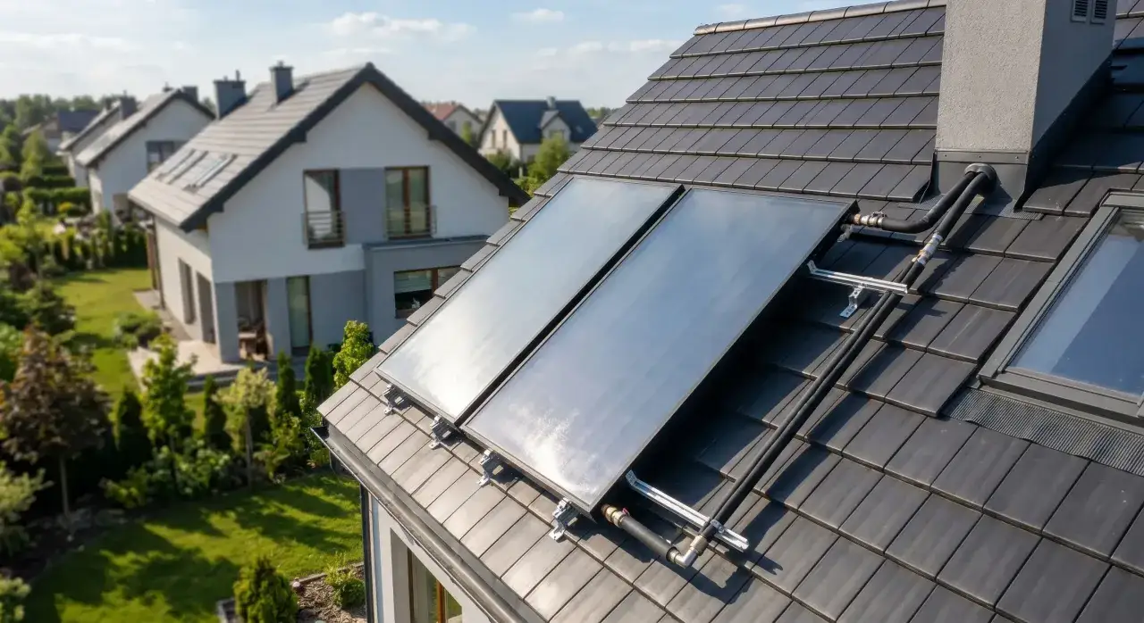 Dwa panele kolektorów słonecznych na dachu domu. Dofinansowanie do solarów na wodę może pomóc w ich zakupie.