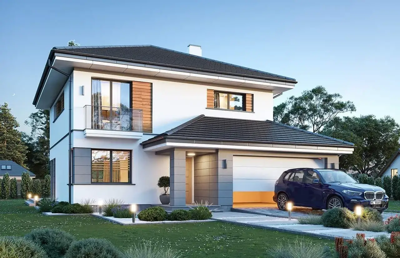 Nowoczesny dom w szmaragdach zieleni, z niebieskim SUV-em przed garażem.