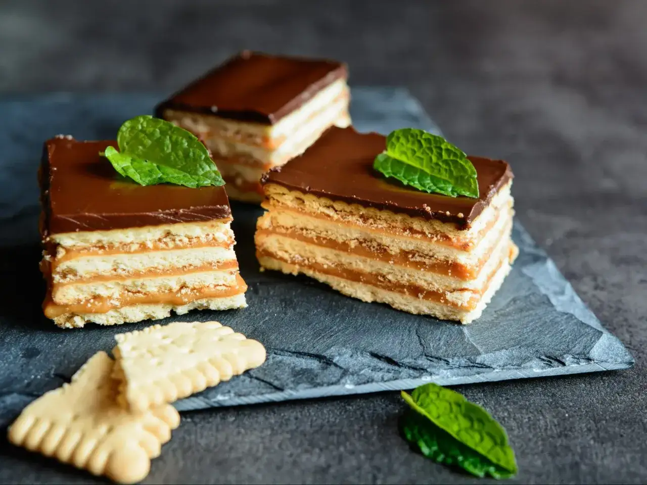 Pyszne ciasto z herbatnikami i karmelem, oblane czekoladą, ozdobione miętą. Idealne na deser, inspiracja do przepisów na ciasto z herbatnikami.