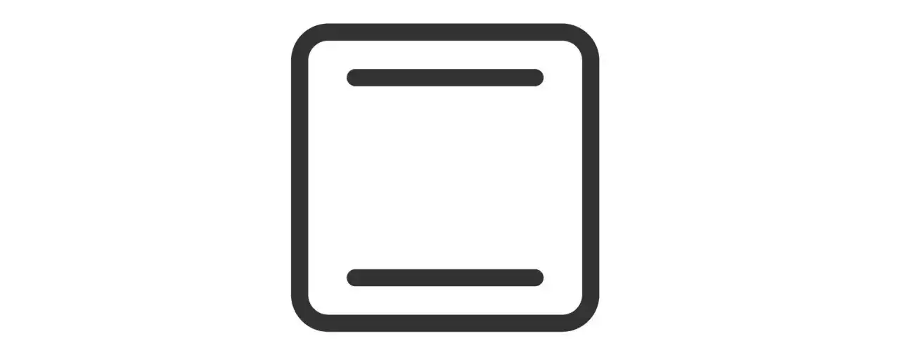 Symbol termoobiegu góra dół. Ikona przedstawia prostokąt z zaokrąglonymi rogami, wewnątrz którego znajdują się dwie poziome linie, jedna u góry, druga na dole.