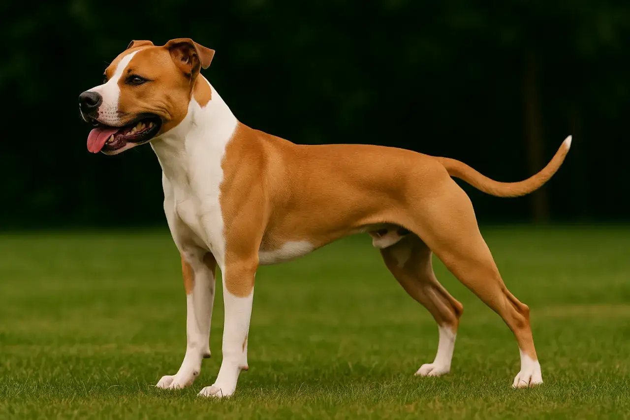 Amstaff w pozie wystawowej na trawie. Wskazówki, jak wytresować amstaffa, pomogą Ci osiągnąć taki efekt.