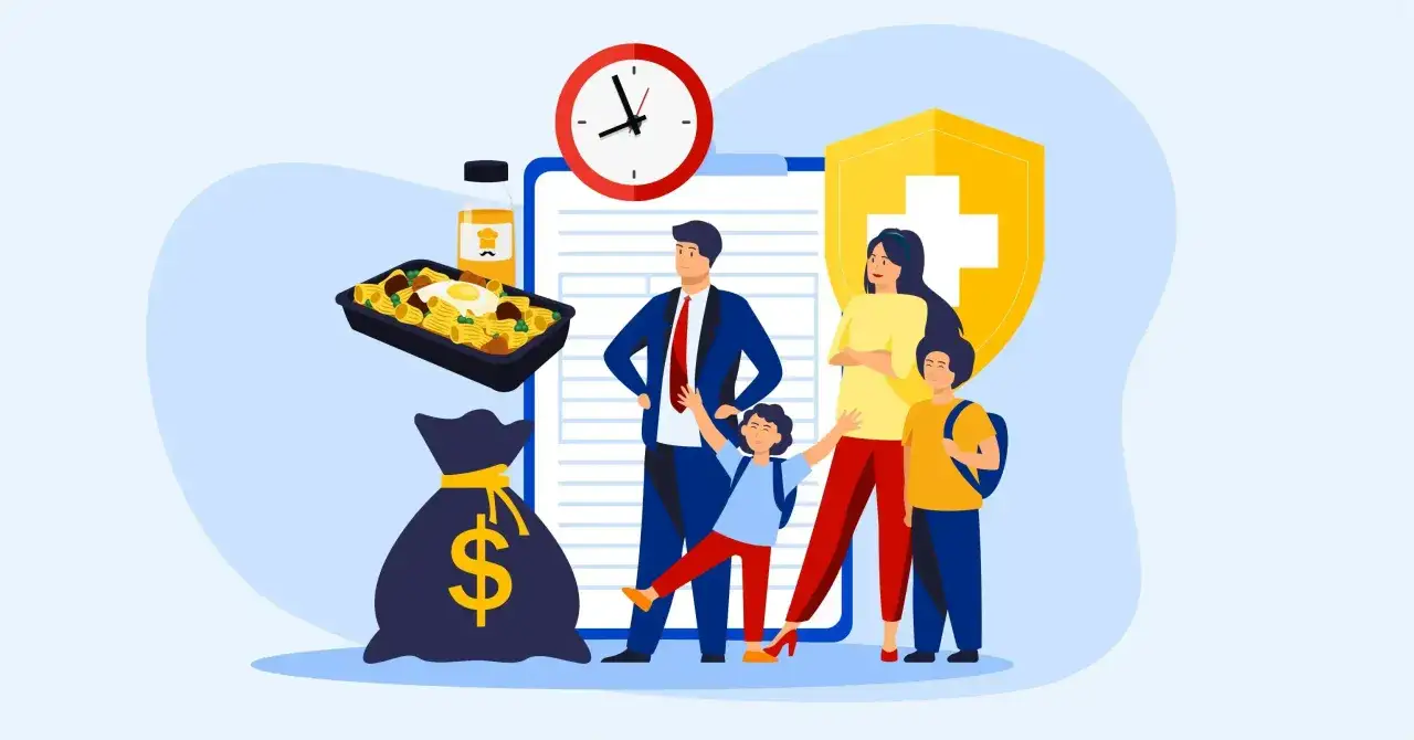 Rodzina z dziećmi, zegar, jedzenie, pieniądze i tarcza symbolizują wyzwania i rozwiązania w temacie: jak pogodzić pracę z opieką nad dzieckiem.