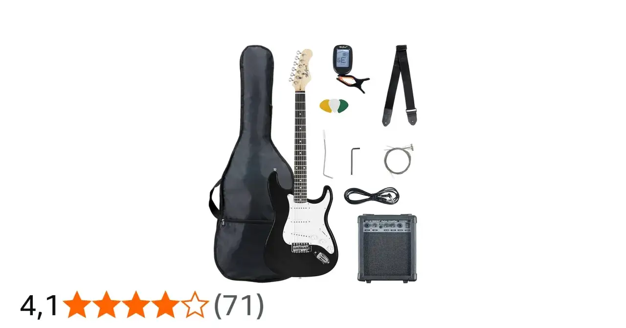 Zestaw do nauki gry na gitarze elektrycznej: czarna gitara, futerał, wzmacniacz, tuner, kostki, pasek, kabel, klucze. Sprawdź, ile kosztuje gitara elektryczna!