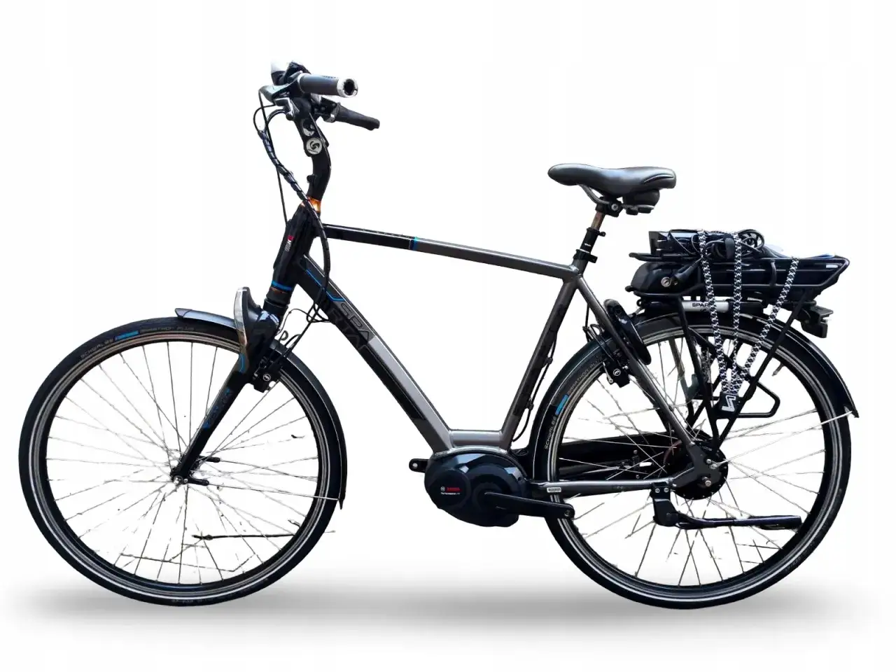 Szary rower elektryczny Sparta z napędem Bosch. Może mieć błąd E0005.