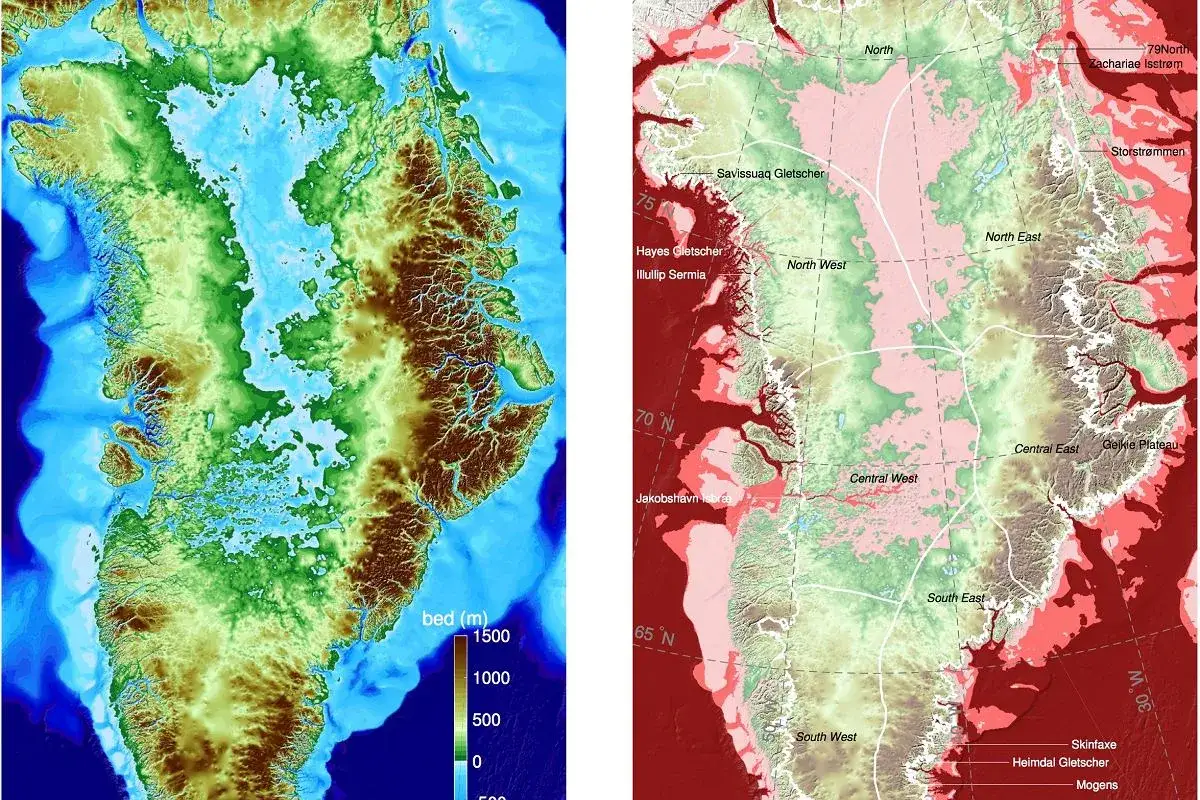 Mapa topograficzna Grenlandii. Pokazuje, ile jest wysp na ziemi, ukazując ukształtowanie terenu i lodowce.