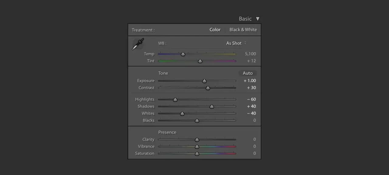 Panel edycyjny Lightroom z suwakami do obr&oacute;bki raw: balans bieli, ekspozycja, kontrast, światła, cienie, biele, czernie, klarowność, wibracja i nasycenie.