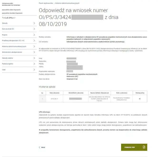 UFG baza danych sprawdzanie OC