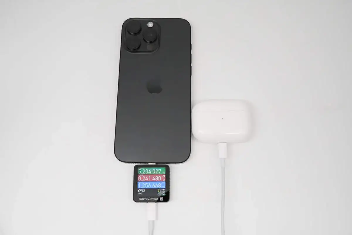 Czarny iPhone i białe etui AirPods Pro podłączone do miernika mocy. Sprawdzamy, jaka ładowarka iPhone ile wat potrzebuje do szybkiego ładowania.