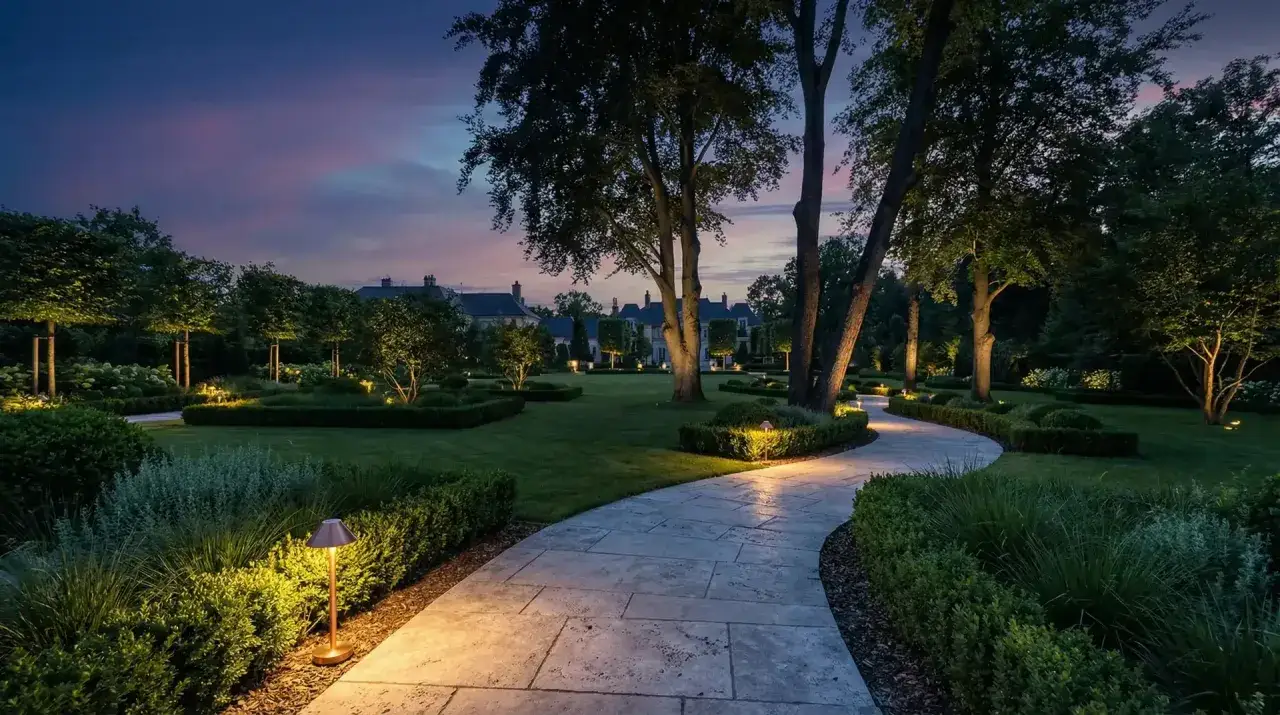 Elegancka ścieżka w ogrodzie nocą, oświetlona dyskretnymi lampami. Inspiracje oświetleniem ogrodu, które tworzy magiczną atmosferę.