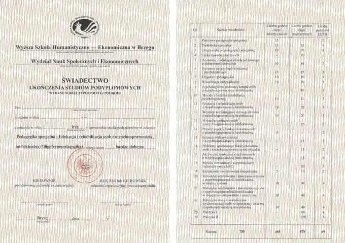 świadectwo ukończenia studi&oacute;w podyplomowych wz&oacute;r