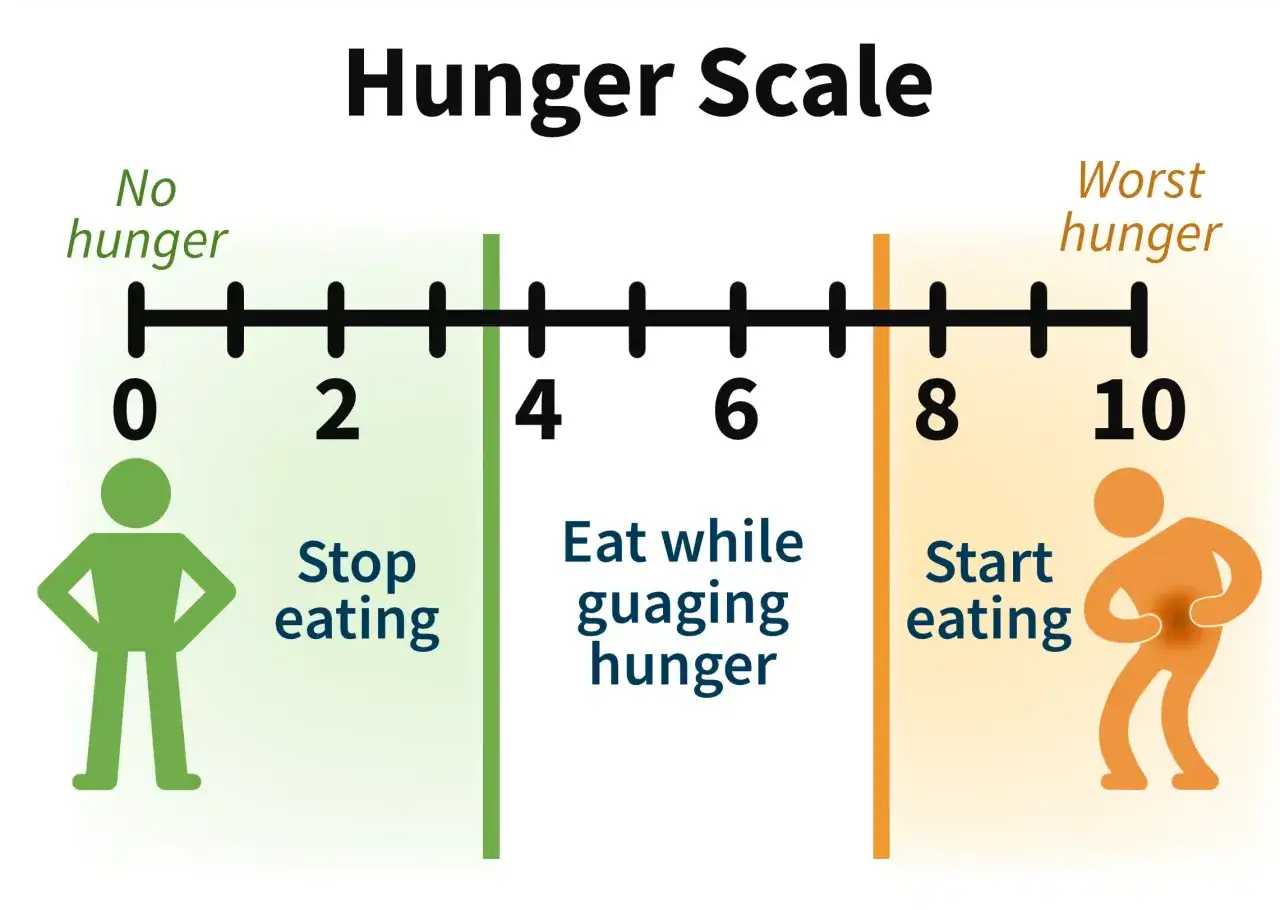 Skala głodu od 0 (brak głodu) do 10 (największy gł&oacute;d). Pomaga w zdrowych nawykach żywieniowych: jeść, gdy czujesz gł&oacute;d (4-8), przestać jeść (0-4), zacząć jeść (8-10).