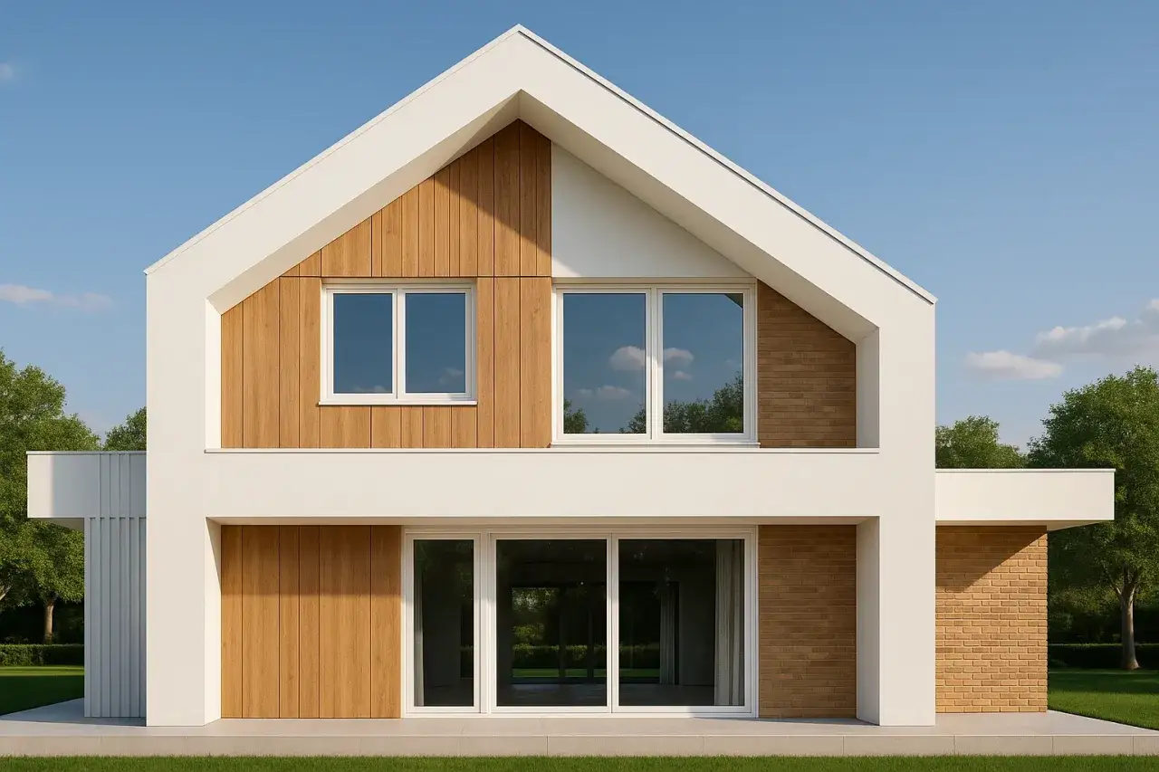Nowoczesny dom z drewnianą i ceglaną elewacją. Czy odlicza się okna przy elewacji robocizna? Duże przeszklenia i proste linie.