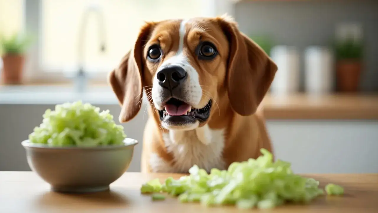 Uroczy piesek zastanawia się, czy pies może jeść kapustę. Na stole leży posiekana sałata, a piesek patrzy z zaciekawieniem.