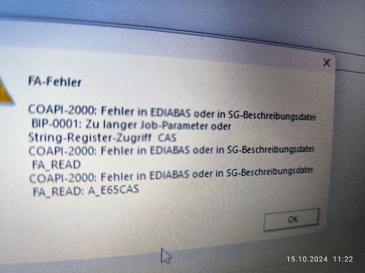 Komunikat błędu FA-Fehler z NCS Expert, opisujący problemy z modułami COAPI-2000 i BIP-0001, dotyczy błędów w EDIABAS lub plikach opisujących SG.