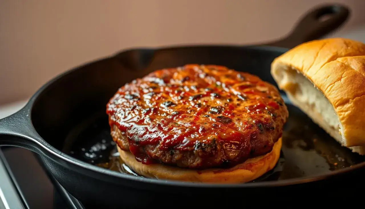 idealnie wysmażony burger na patelni żeliwnej