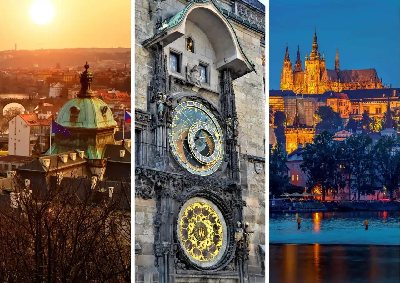 Praga o zachodzie słońca, zegar astronomiczny i oświetlony zamek. Idealny plan zwiedzania Pragi.