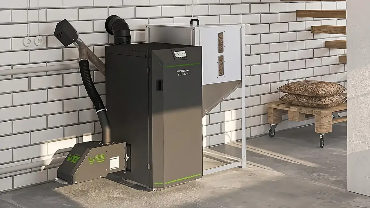 Nowoczesny piec na pellet, czyli ekologiczne paliwo stałe, z zasobnikiem i systemem odprowadzania spalin.